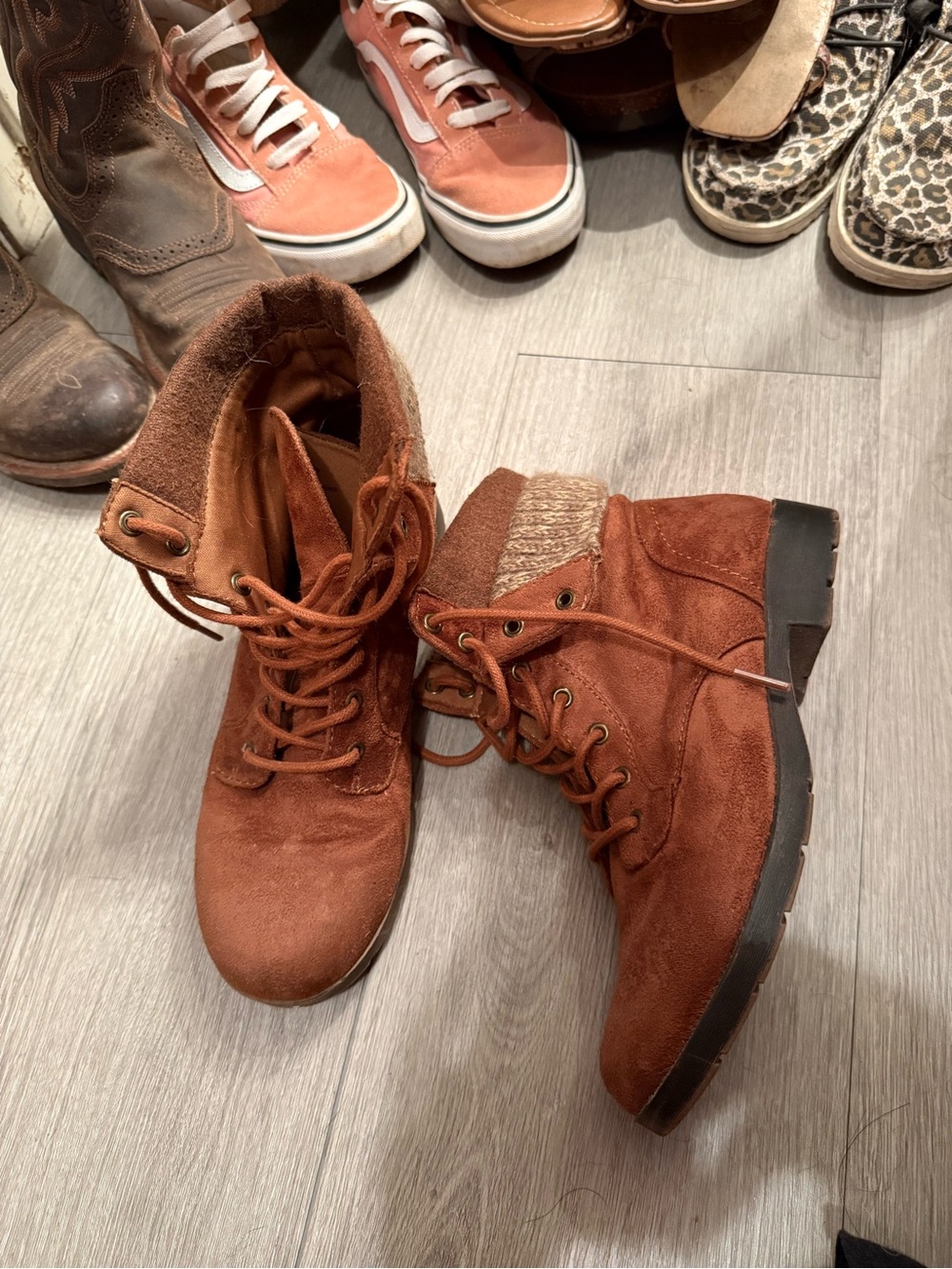 Arizona Jean Company Rust Suede Lace-Up Cozy Cuff Ankle Boots